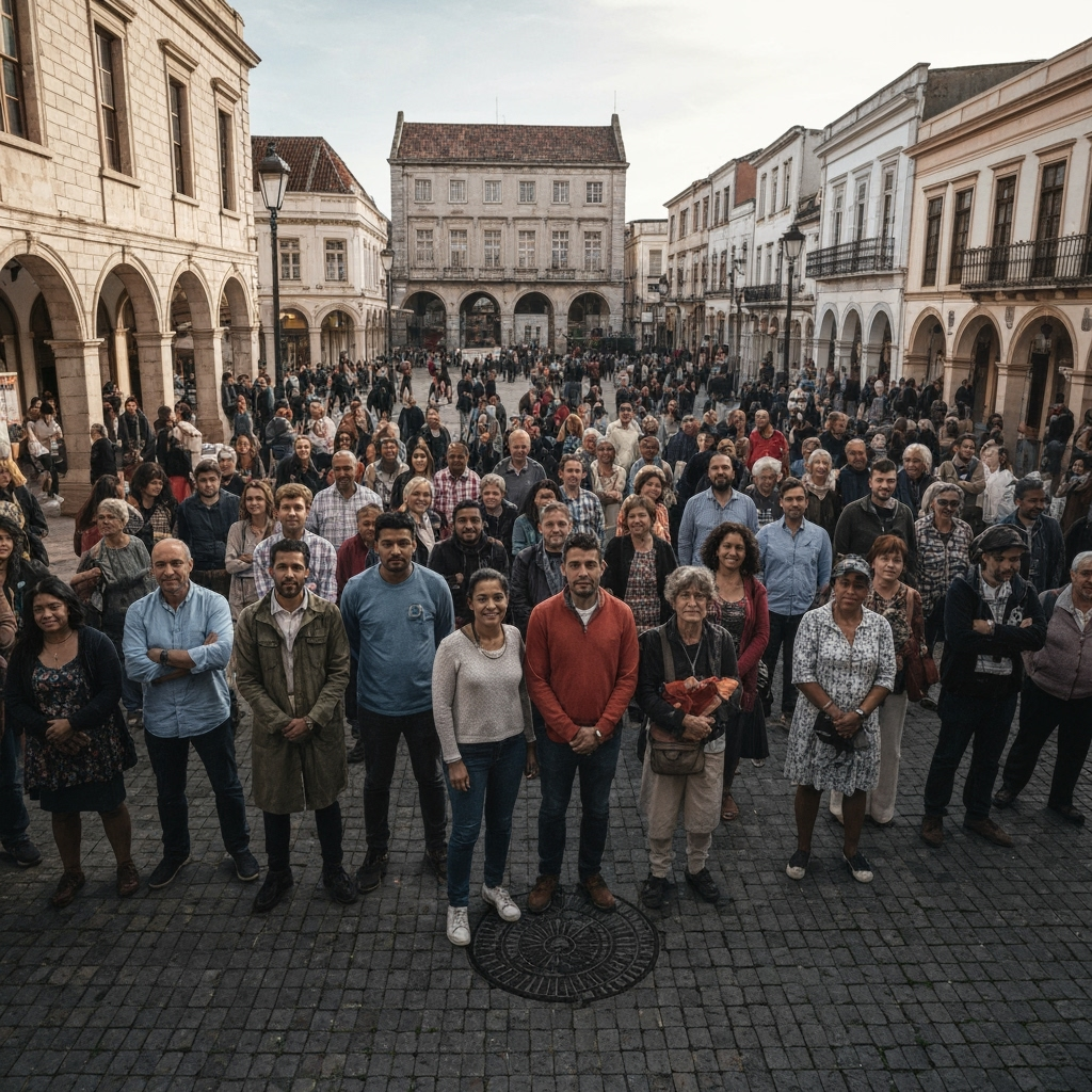 Diverse group of people gathered in a vibrant community setting, conveying peace and spirituality