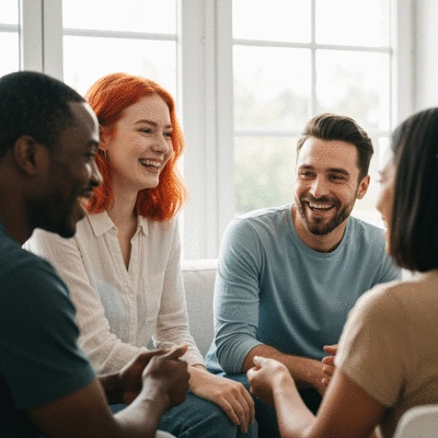 Diverse group of people smiling and interacting warmly during a small group gathering, conveying a sense of community and connection