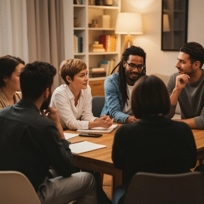 Diverse group of people engaged in a small group discussion, actively listening and sharing insights, in a warm and inviting setting