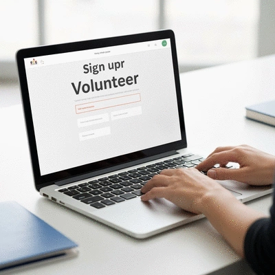 Person using a laptop to sign up for volunteer opportunities on a clean website interface, focus on hands and screen, bright modern setting, no text, no words, no typography, clean image