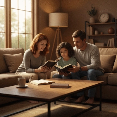 Family reading Bible together, cozy home setting
