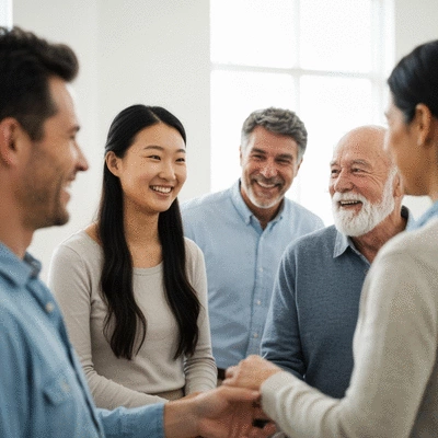 Diverse group of people in a church community, smiling and interacting, representing fellowship and support