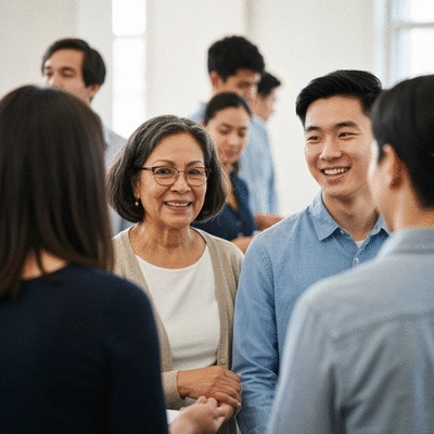 Diverse group of people in a faith community, actively engaged in conversation and mutual support
