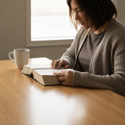 Person reading a Bible with a cup of coffee, representing daily commitment and ongoing learning in discipleship