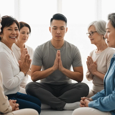 Diverse group of people praying together in a warm, inviting setting