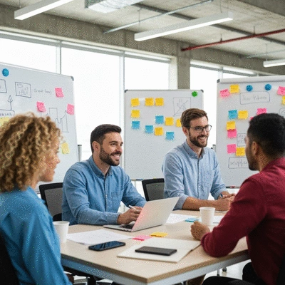 Diverse group of people collaborating and brainstorming in a modern office setting