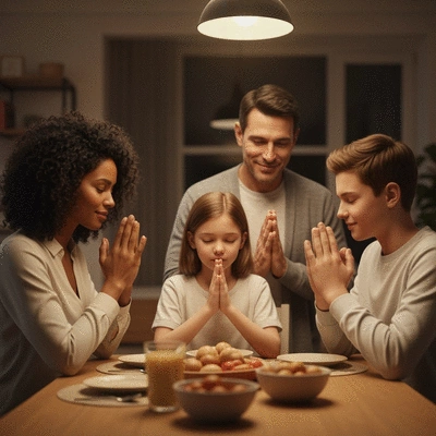 Family praying together at a dining table, warm lighting