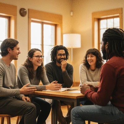 Diverse group of people in warm, inviting community setting, engaged in conversation and supporting each other, no text, no words, no typography, clean image