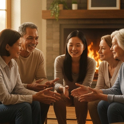 Diverse group of people sharing stories in a warm, inviting community setting, symbolizing spiritual growth and connection