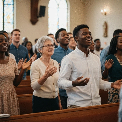 Diverse group of church members engaged in worship, showing unity and joy