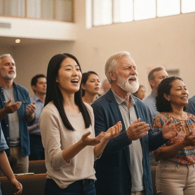 People in a modern church community, diverse ages and backgrounds, engaging in worship