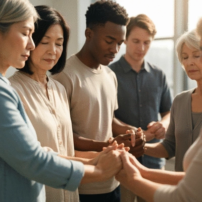 Diverse group of people in a prayer circle, hands joined, focus on community and support