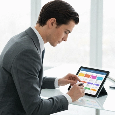 Person planning events on a digital calendar or tablet, clean and modern aesthetic