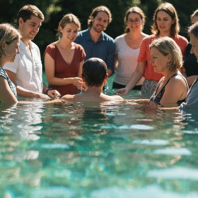 Person being baptized in clear water, surrounded by a supportive community, natural light, serene atmosphere