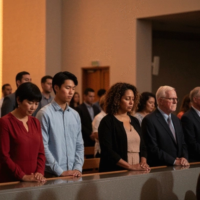 Diverse congregation worshipping together in a modern church setting