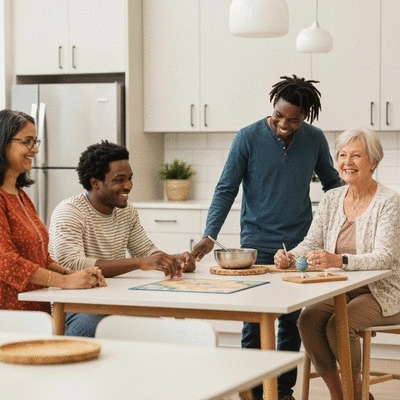 Diverse group of people happily gathered in a modern, well-lit community space, engaged in conversation and shared activities.