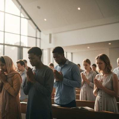 Diverse group of people praying and worshipping together in a modern church setting, bathed in warm, natural light, conveying a sense of community and spiritual connection.