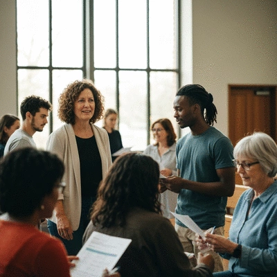 Diverse group of people in a church setting providing feedback through surveys or discussion