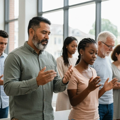 Diverse group of people in a shared worship setting, illustrating community connection and spiritual growth