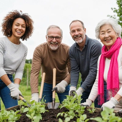 Diverse group of people actively participating in a community service project, smiling and working together, representing inclusivity and engagement, no text, no words, no typography, clean image
