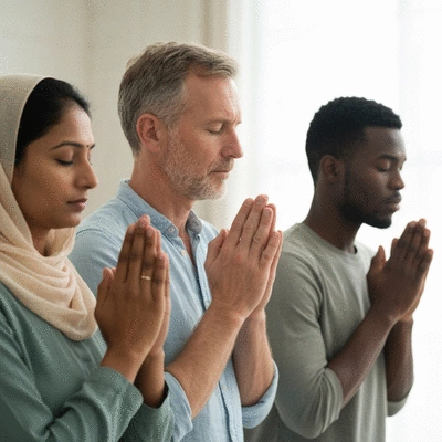 People praying together in a spiritual setting, hands joined, diverse group, serene atmosphere, no text, no words, no typography, clean image