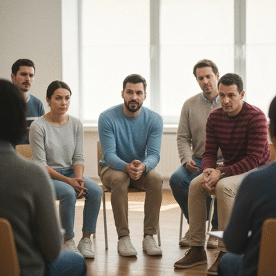 Person speaking in a support group, showing empathy and connection, symbolizing mental health and healing through shared stories