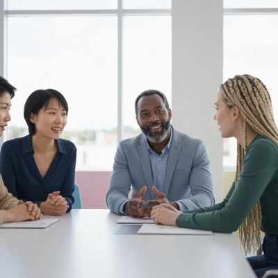 Diverse small group members engaged in discussion, showing active listening and connection