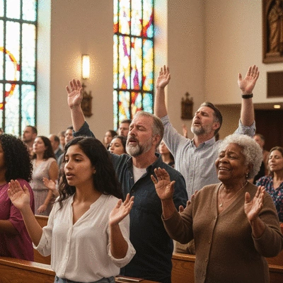 Diverse group of people worshipping together, hands raised in a vibrant church setting