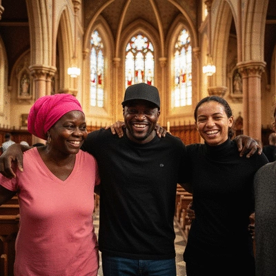 Diverse group of people in a church setting, smiling and supporting each other, warm and inviting atmosphere
