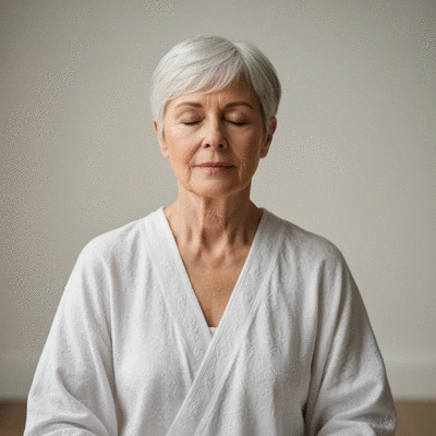 Person in a peaceful pose, meditating or praying, with soft, serene lighting, no text, no words, no typography, 8K