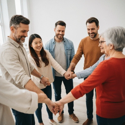 Diverse group of people holding hands in a circle, representing community support and faith, warm lighting, no text, no words, no typography, 8K