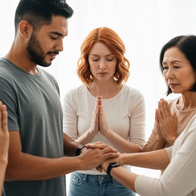 Diverse group of people engaged in a group prayer, hands joined in unity