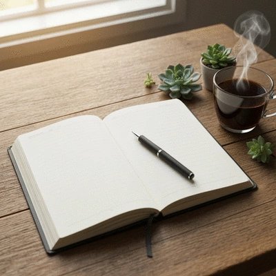 Open gratitude journal with pen and coffee on a wooden table