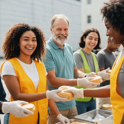 Diverse group of volunteers happily engaging in a community outreach event, distributing food or supplies, bright and positive atmosphere, no text, no words, no typography, 8K