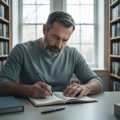 Person journaling their prayers and reflections, peaceful setting, focus on personal growth