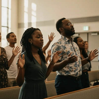 Diverse group of people in a modern church setting, raising hands in worship