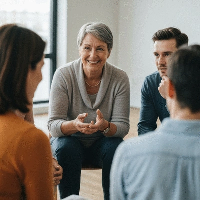 People gathered in a supportive small group discussion, sharing and listening attentively, conveying a sense of spiritual growth and strong community bonds.