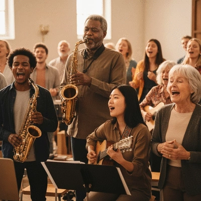 Diverse group of people joyfully singing and playing musical instruments during a worship service, warm lighting, focus on connection and community