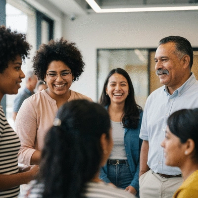 Diverse group of people connecting in a modern community center, showing inclusivity and warmth