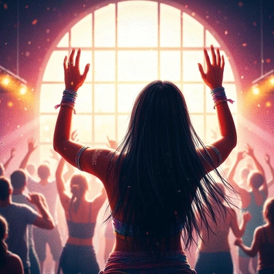 Person with hands raised in worship, light streaming in, symbolizing personal spiritual growth and connection