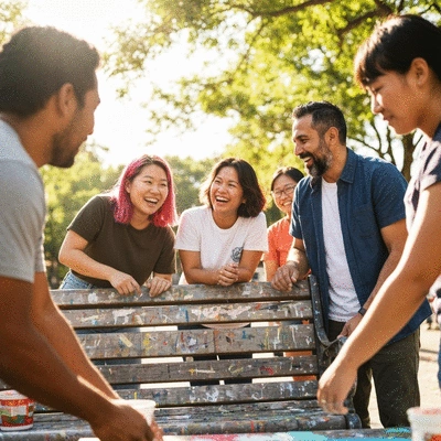 Diverse group of people collaborating on a community project, smiling and interacting, symbolizing strong community bonds and collective effort, no text, no words, no typography, 8K